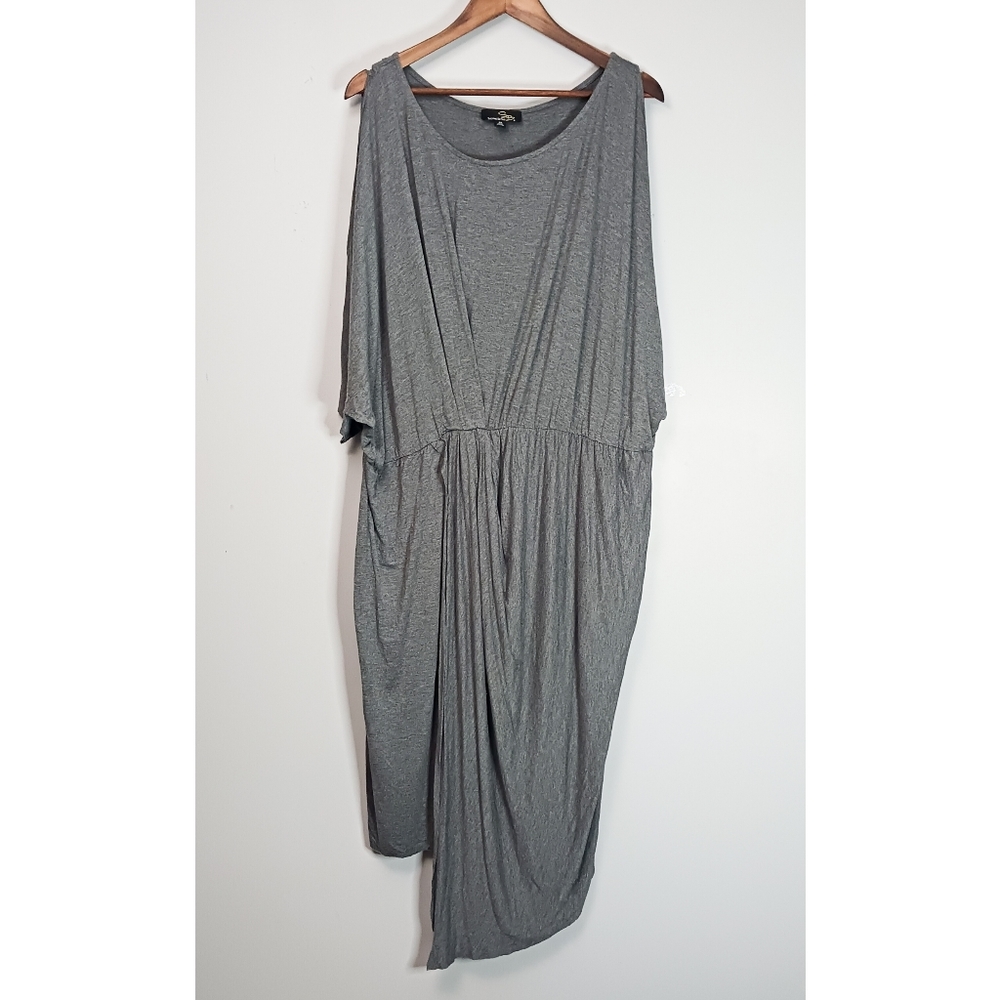 Suzanne Betro Asymmetric Midi Dress Women 3X Gray Jersey Cold Shoulder Casual